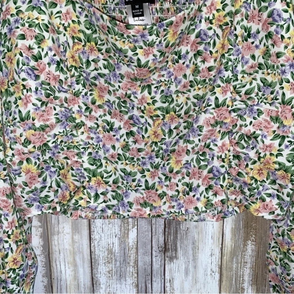 Lulus Floral Smocked Crop Top Puff Sleeve Cottagecore Blouse Multicolor M - Picture 3 of 5